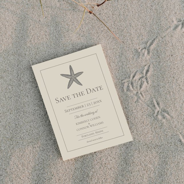 Reserve A Data Foto Monograma Estrela do Mar Bege (Beige Starfish Monogram Photo Save the Date)
