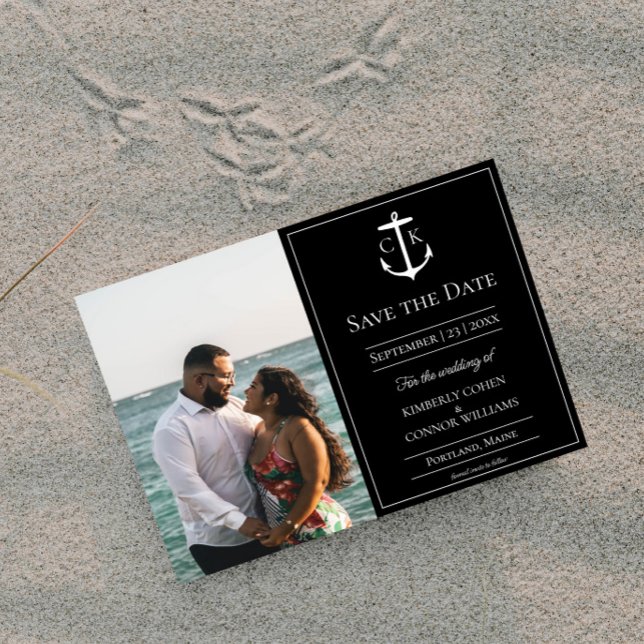 Reserve A Data Foto Monograma Náutico Preto (Black Nautical Monogram Photo Save the Date)