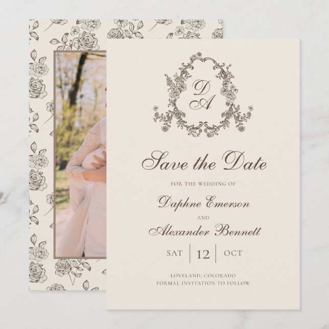 Reserve A Data Foto Monogramada Floral de Outono (Frente/Verso)