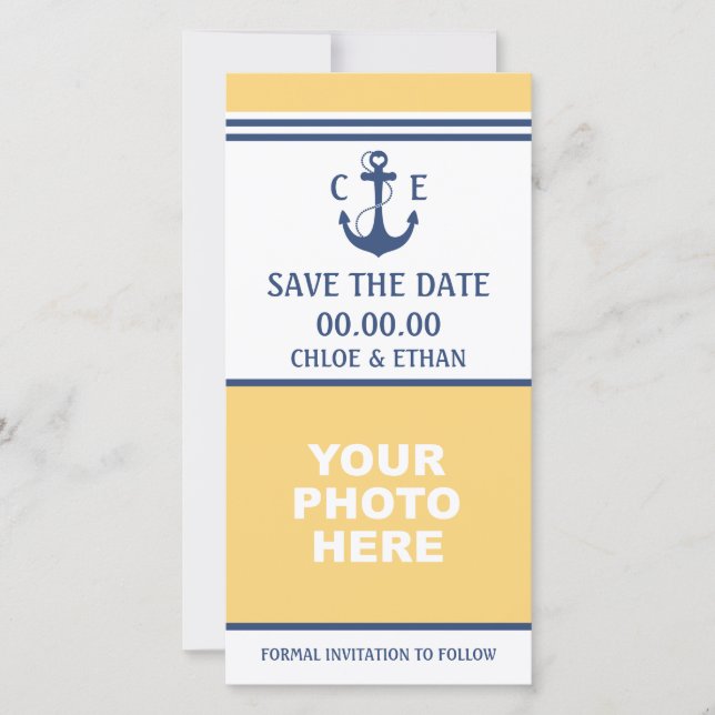 Reserve A Data Foto náutica amarela e azul Salvar a data (Frente)
