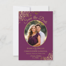 Reserve A Data Foto Oval Elegante Dourada e Casamento Roxo Magent