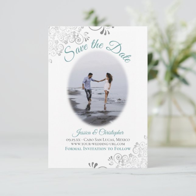 Reserve A Data Foto Oval Simples de Casamento Elegante Teal & Whi (Em pé/Frente)