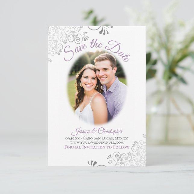 Reserve A Data Foto Oval Simples e Elegante de Casamento Lavanda  (Em pé/Frente)
