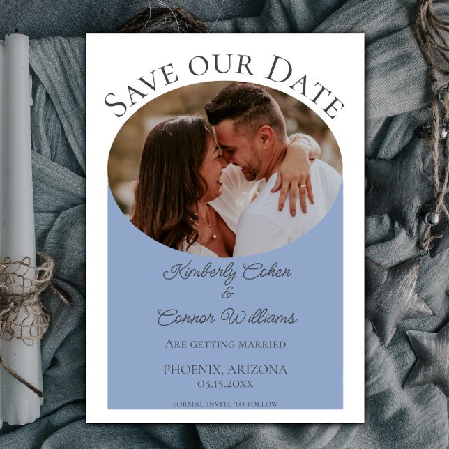 Reserve A Data Foto Oval Simples Salvar a Data | Azul poeirento (Dusty Blue Simple Oval Photo Save the Date)