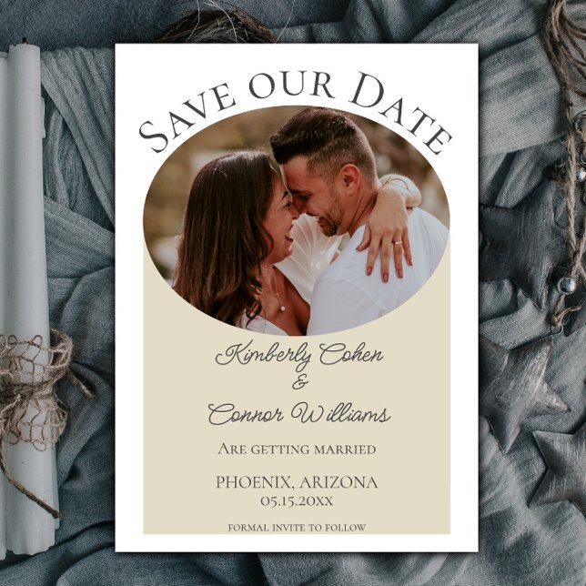 Reserve A Data Foto Oval Simples Salvar a Data | Cerco (Beige Simple Oval Photo Save the Date)
