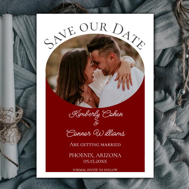 Reserve A Data Foto Oval Simples Salvar a Data | Vermelho (Red Simple Oval Photo Save the Date)
