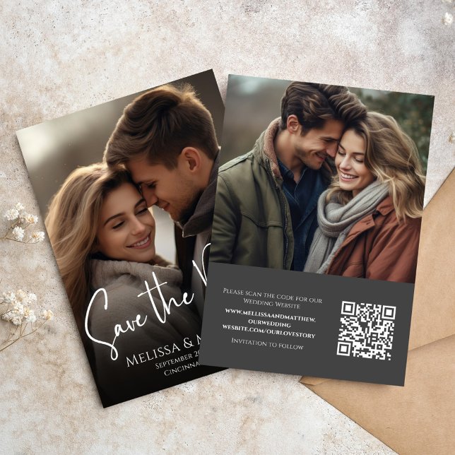 Reserve A Data Foto para salvar a data da caligrafia elegante (Wedding save the date photo card with QR code and a two photo template. )