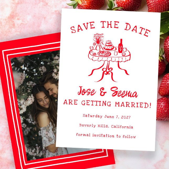 Reserve A Data Foto Personalizada de Fenda Desenhada à Mão de Jan (Buffet Dinner Table Hand Drawn Cute Custom Photo Save The Date Wedding Invitation Engagement
)
