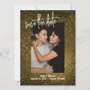 Reserve A Data Foto Personalizada Glitter Dourada de Script na mo