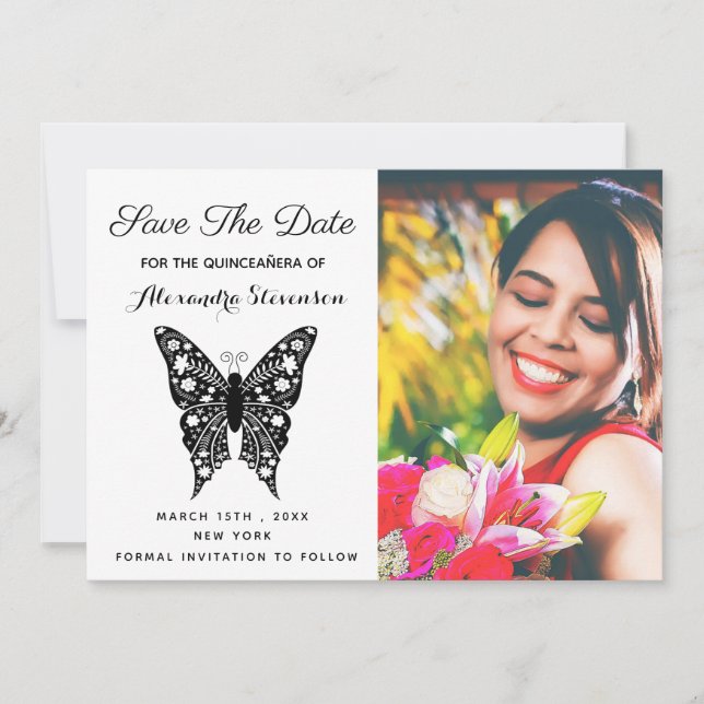 Reserve A Data Foto Quinceanera Butterfly Black & White Birthday (Frente)