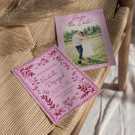 Reserve A Data Foto Rosa Framboesa Desenhada Floral Save The Date