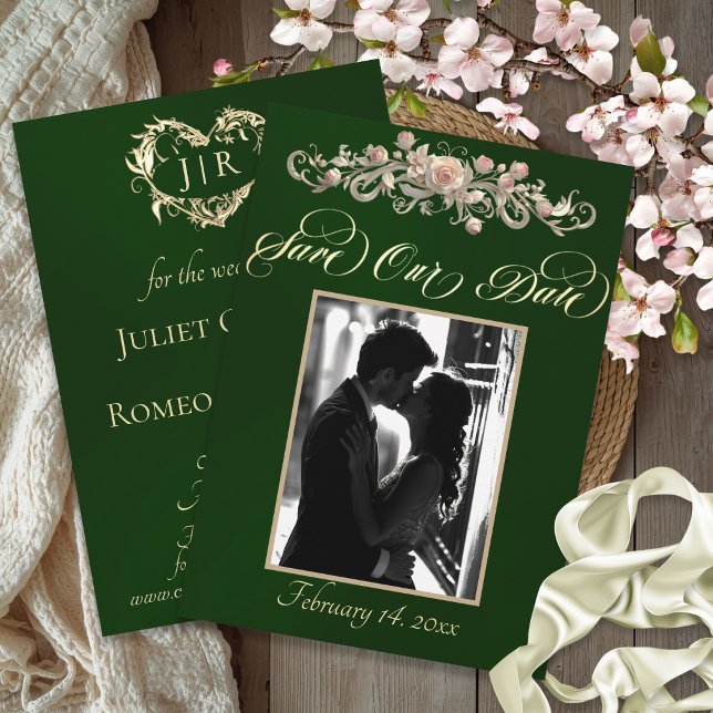 Reserve A Data Foto, Rosas & Monograma - Esmeralda (Criador carregado)