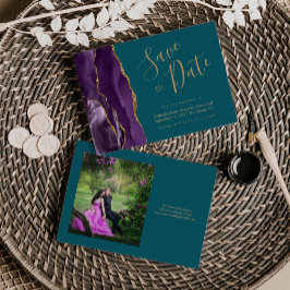 Reserve A Data Foto Roxo Ágata Dourada Azul-Celeste Casamento Sal