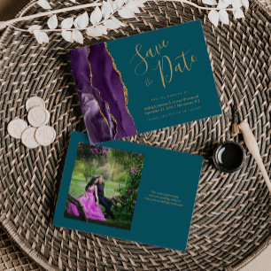 Reserve A Data Foto Roxo Ágata Dourada Azul-Celeste Casamento Sal