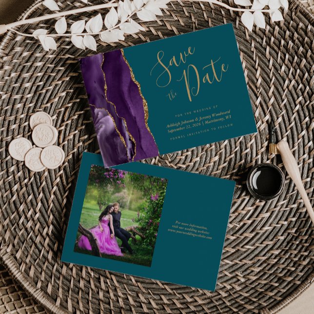 Reserve A Data Foto Roxo Ágata Dourada Azul-Celeste Casamento Sal (Criador carregado)