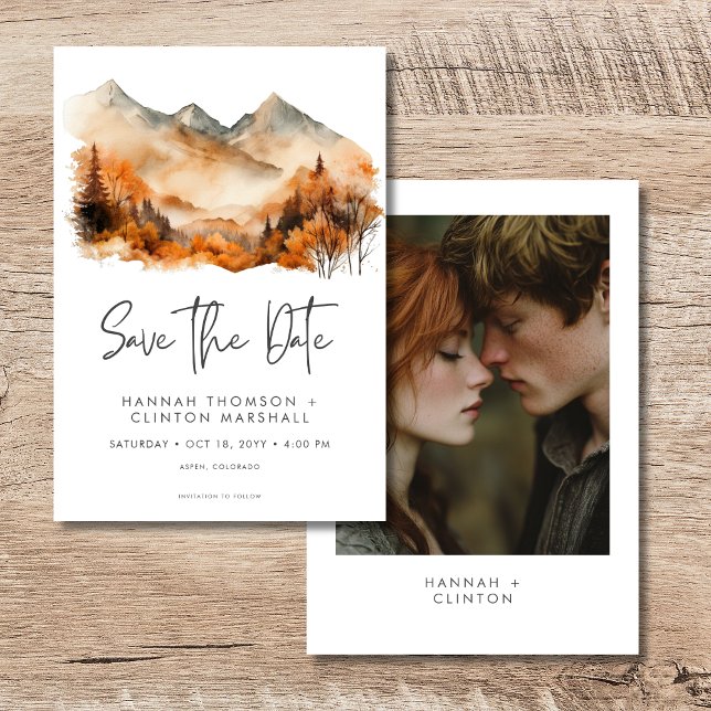 Reserve A Data Foto Rustic Fall Mountain Scene Watercolor (Rustic Fall Mountain Scene Watercolor Photo Save The Date)