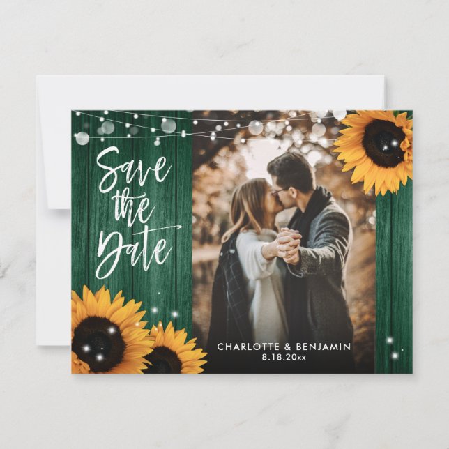 Reserve A Data Foto Rustic Sunflower Wood Green Casamento (Frente)