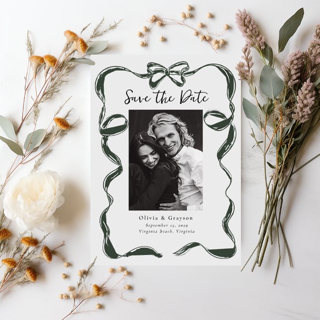Reserve A Data Foto Sage Caprichosa Save the Date com Laço (Whimsical Bow Photo Save the Date )