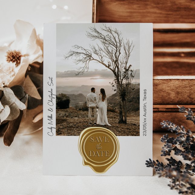 Reserve A Data Foto Selo de Cera Dourada Fofa Save The Date Minim (Criador carregado)