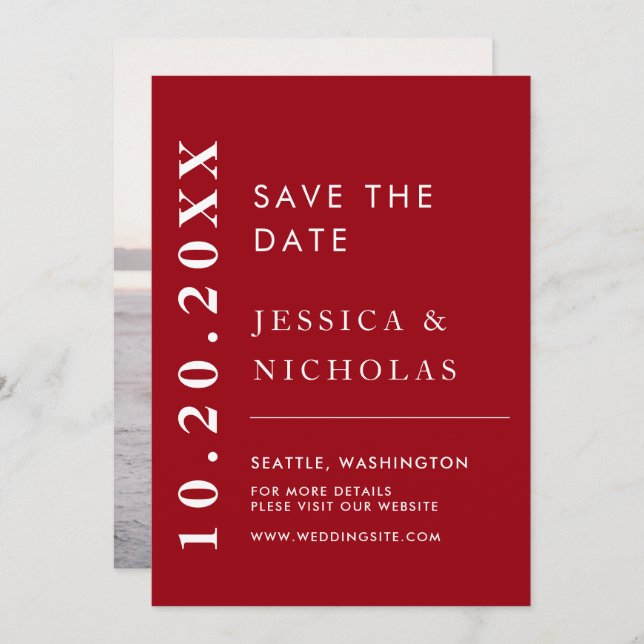 Reserve A Data Foto Simples de Casamento Vermelho e Branco Modern (Frente/Verso)
