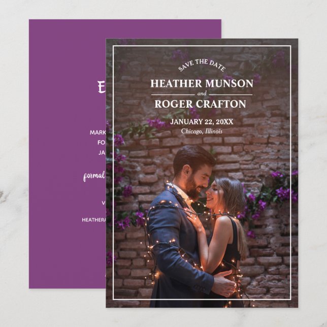 Reserve A Data Foto simples do Noivado Roxo Salvar a Data (Frente/Verso)