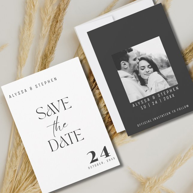 Reserve A Data Foto Simples e Elegante em Preto e Branco (Trendy Simple Black and White Photo Save The Date)