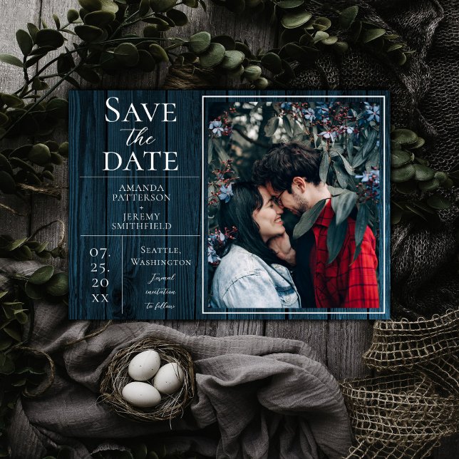 Reserve A Data Foto simples e russa | Blue Save the Date (Salvar  (Blue Rustic and Simple Photo Save the Date)