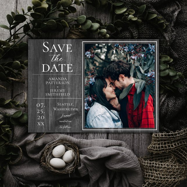 Reserve A Data Foto simples e russa | Cinza Guardar data (Gray Rustic and Simple Photo Save the Date)