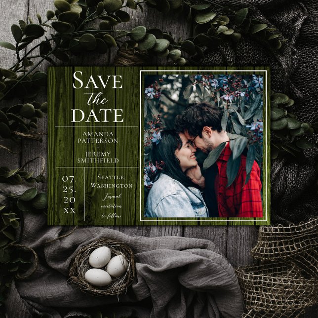 Reserve A Data Foto simples e russa | Verde Salvar a data (Green Rustic and Simple Photo Save the Date)
