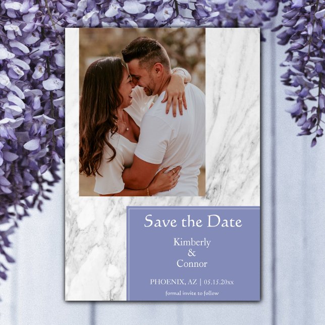 Reserve A Data Foto Simples Malhada de Vinca (Periwinkle Simple Marbled Photo Save the Date)