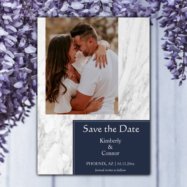 Reserve A Data Foto Simples Marbled Azul de marinho (Navy Simple Marbled Photo Save the Date)