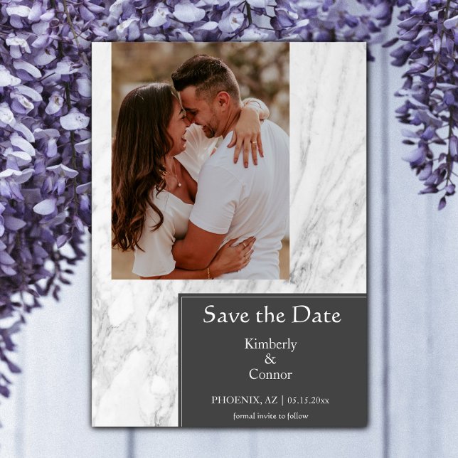 Reserve A Data Foto Simples Marbled de cinza (Gray Simple Marbled Photo Save the Date)