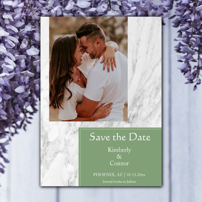 Reserve A Data Foto Simples Marbled Moss Green (Moss Green Simple Marbled Photo Save the Date)