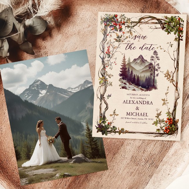 Reserve A Data Foto Vintage Mountain Forest Evergreen Wedding (Criador carregado)