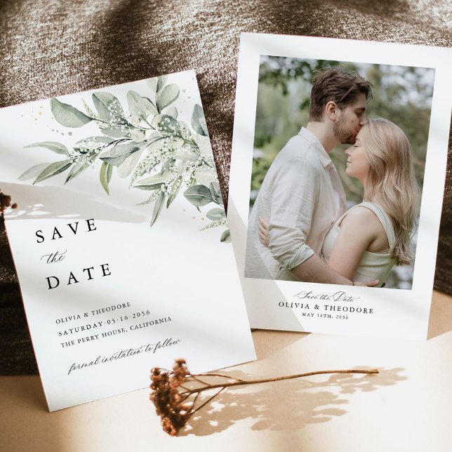 Reserve A Data Fotografia Botânica de Casamento em Verde Sage (Sage green botanical photo save the date card, modern classic wedding stationery, minimal elegant)
