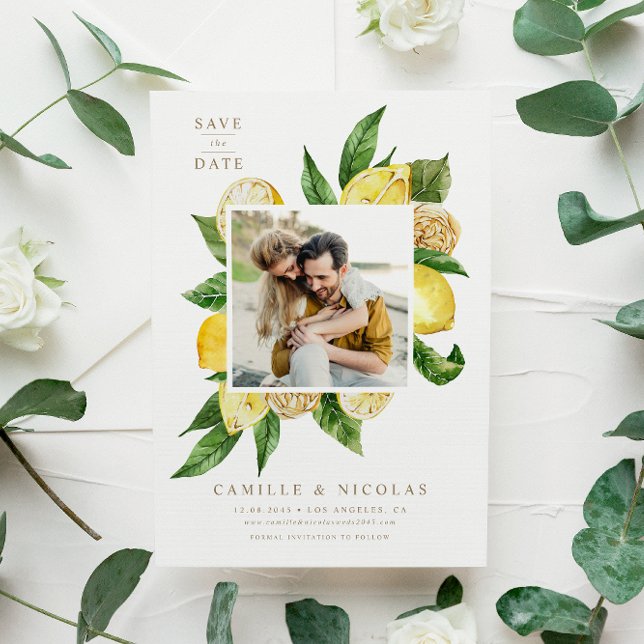 Reserve A Data Fotografia Botânica em Moldura de Limão Aquarela (Criador carregado)