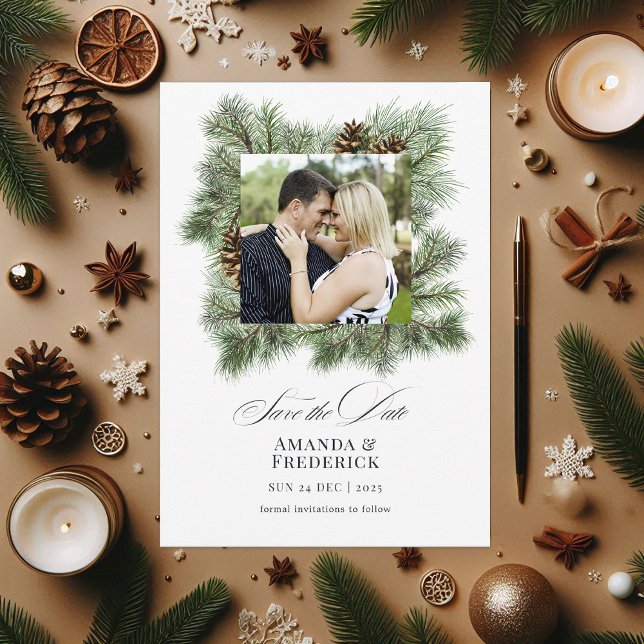 Reserve A Data Fotografia de casamento de Natal Elegante com Pinh (Elegant Winter Pines Christmas Wedding Photo Save The Date)