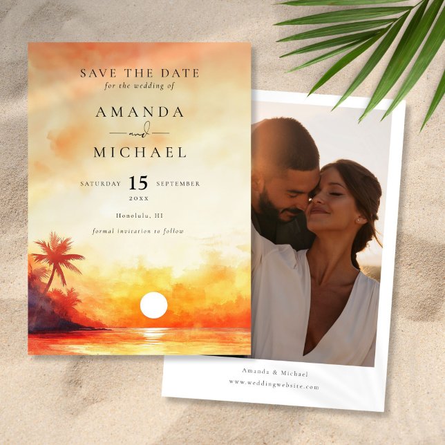 Reserve A Data Fotografia de pôr do sol laranja em praia em aquar (Watercolor Orange Beach Sunset Photo Wedding Save The Date)
