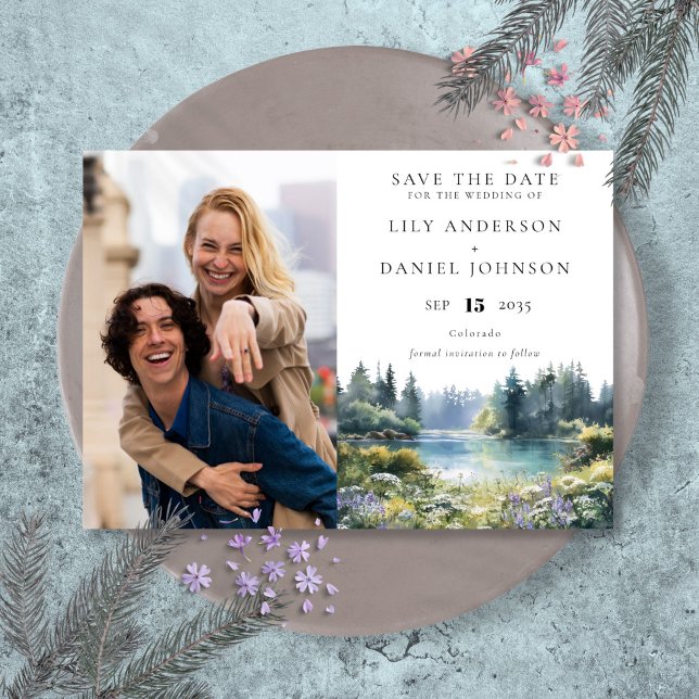 Reserve A Data Fotografia Floral de Flores Silvestres à Beira do  (Forest Lakeside Wildflowers Floral Photo Wedding Save The Date)