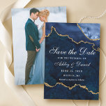 Reserve A Data Fotomármore Ágata Geodo Aquarela Azul Dourado<br><div class="desc">Cartão de Anúncio de Noivado Elegante Moderno com Aquarela Azul e Dourado - Verso de Foto</div>