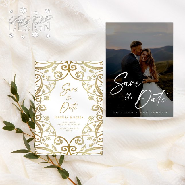 Reserve A Data Fotos de casamento com renda floral e brilho doura (Criador carregado)