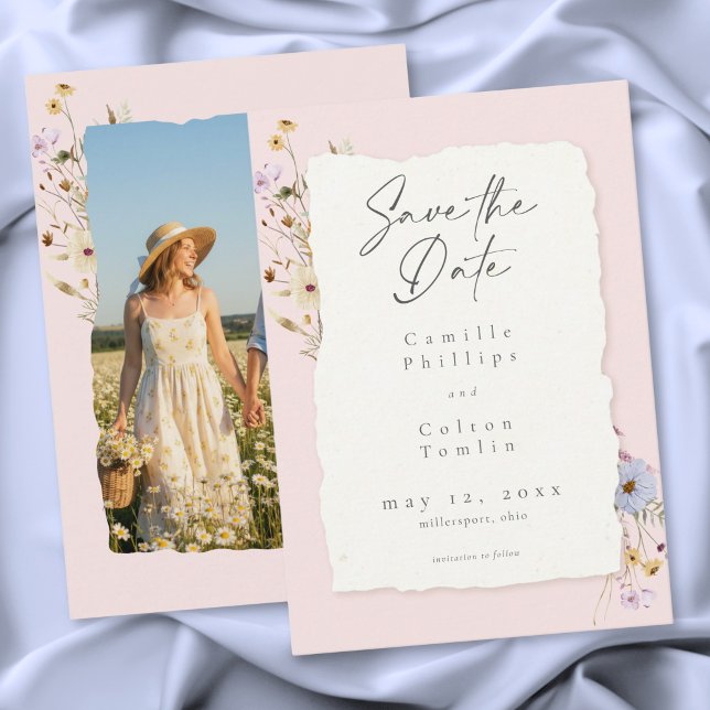 Reserve A Data Fotos de Casamento de Flores Silvestres Rosa Rústi (Rustic Pink Romantic Wildflower Wedding Photo Save The Date)