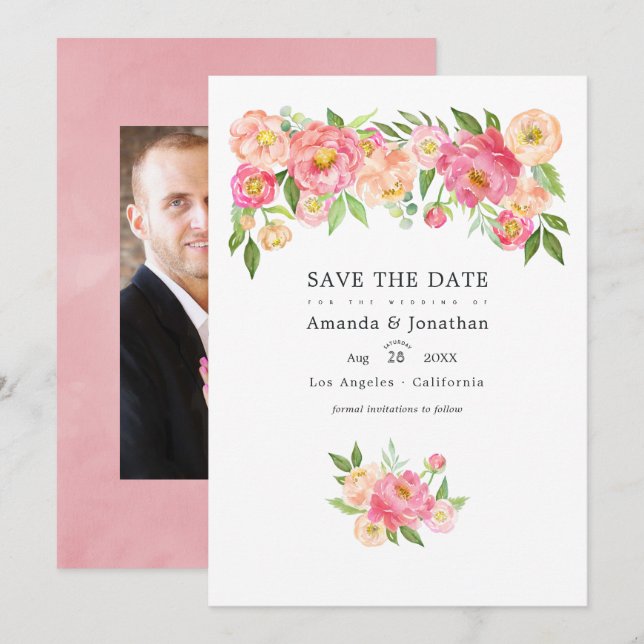 Reserve A Data Fotos De Casamento De Peônias Em Aquarela Rosa Pas (Frente/Verso)