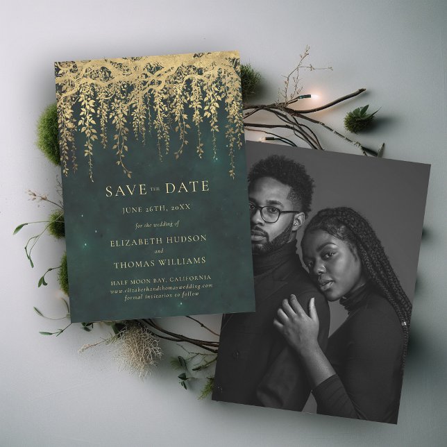 Reserve A Data Fotos de Casamento Encantadas com Verde Esmeralda  (wedding save the date enchanted forest magical fairy tale garden emerald gold photo invitation)