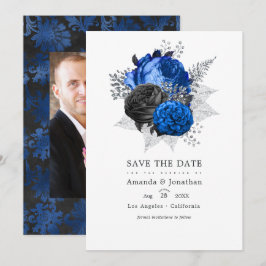 Reserve A Data Fotos de Casamento Floral Azul Real, Preto e Prata