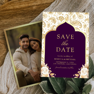 Reserve A Data Fotos de Casamento Floral Paisley Dourado Roxo Ind