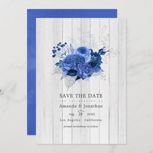 Reserve A Data Fotos de Casamento Floral Rústico em Azul Real e P (Frente/Verso)