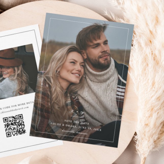 Reserve A Data Fotos de casamento simples em preto e branco (Simple Wedding Monogram Photo Save the Date with QR code.)