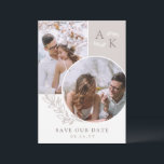 Reserve A Data Fotos sobrepostas em verde de taupe branco<br><div class="desc">Guarde o cartão de data em branco e esticado com as suas iniciais,  fotografias sobrepostas e verde com fontes elegantes limpas. Foto para salvar o cartão de data com um design moderno personalizado com seu monograma e fotos,  dois de um lado e outro.</div>