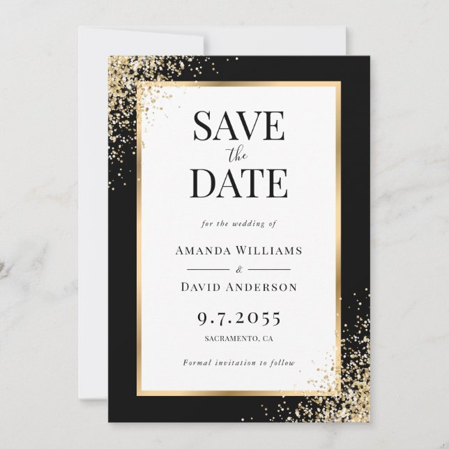 Reserve A Data Frame Black Dourado Confetti Elegant Weding (Frente)